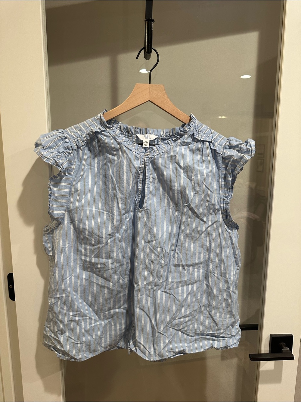 Time and Tru Light Blue and White Striped Ruffle Cap-Sleeve Blouse